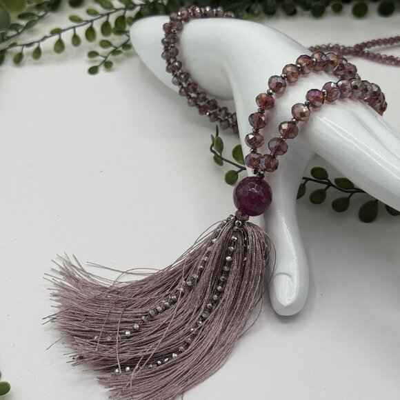 Anthropologie Serefina Light Lavender Shiny Crystal Necklace with Fabric Tassel - Picture 1 of 6